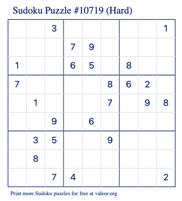 Free Printable Hard Sudoku Puzzle number 10719
