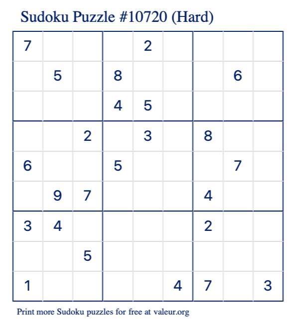 Free Printable Hard Sudoku Puzzle number 10720