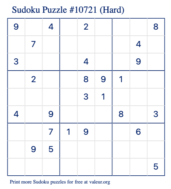 Free Printable Hard Sudoku Puzzle number 10721