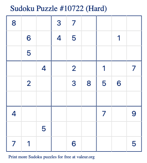 Free Printable Hard Sudoku Puzzle number 10722