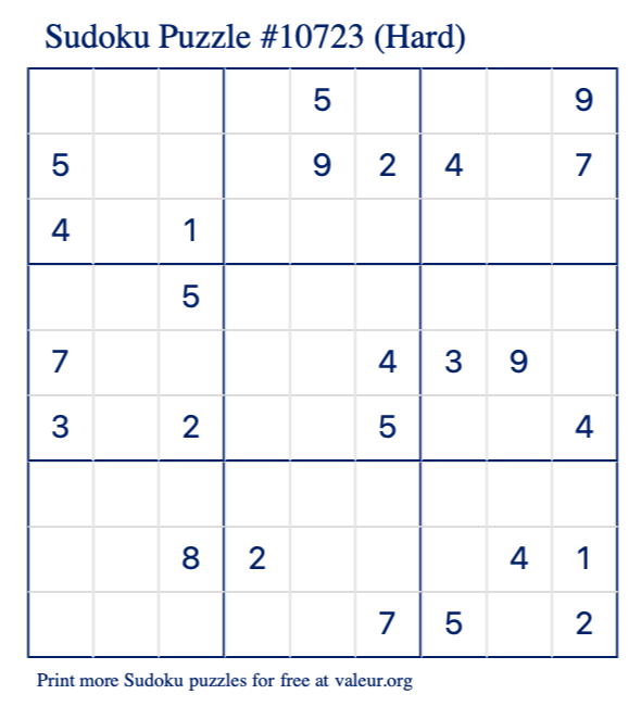 Free Printable Hard Sudoku Puzzle number 10723