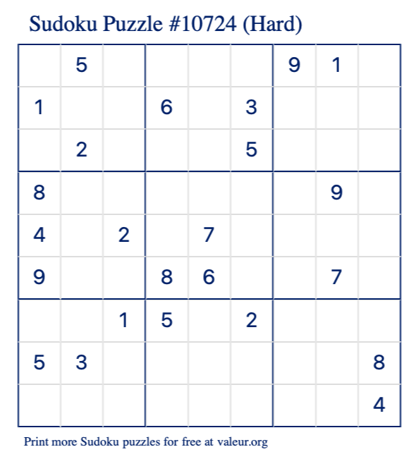 Free Printable Hard Sudoku Puzzle number 10724