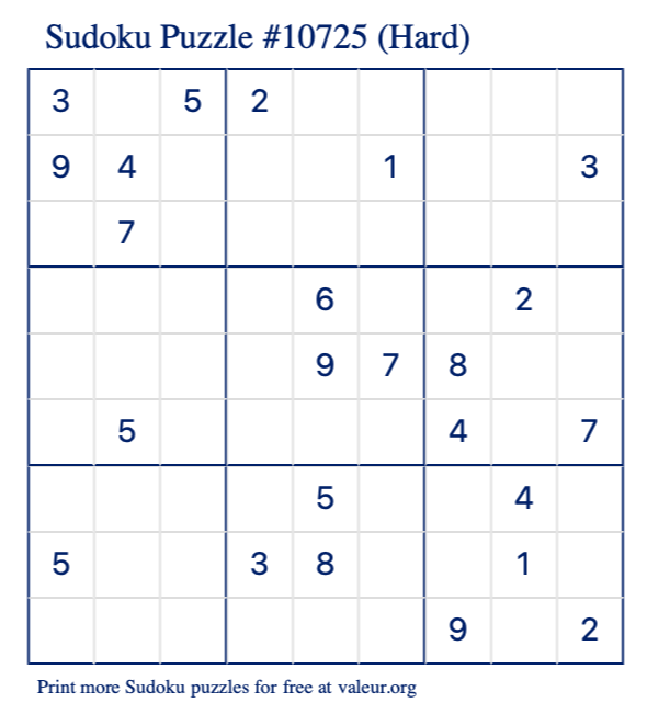 Free Printable Hard Sudoku Puzzle number 10725