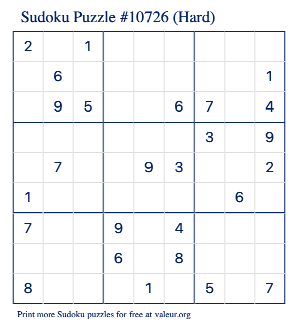 Free Printable Hard Sudoku Puzzle number 10726