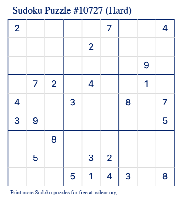 Free Printable Hard Sudoku Puzzle number 10727