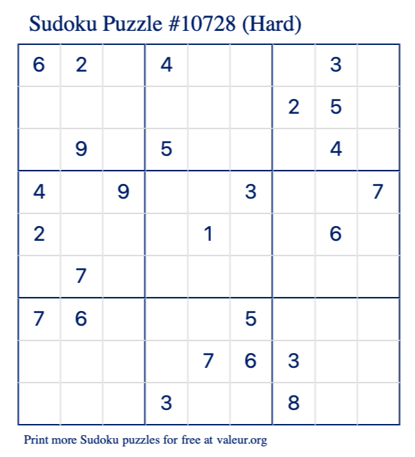 Free Printable Hard Sudoku Puzzle number 10728