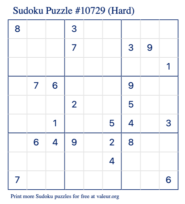 Free Printable Hard Sudoku Puzzle number 10729