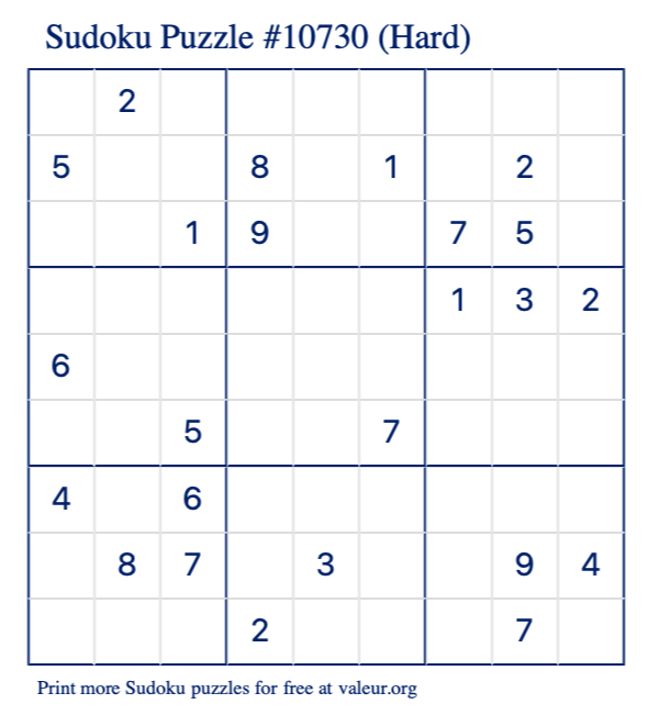 Free Printable Hard Sudoku Puzzle number 10730