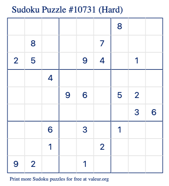 Free Printable Hard Sudoku Puzzle number 10731