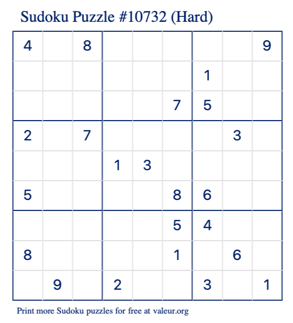 Free Printable Hard Sudoku Puzzle number 10732