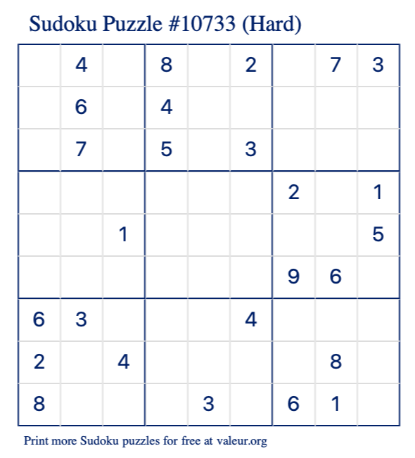 Free Printable Hard Sudoku Puzzle number 10733