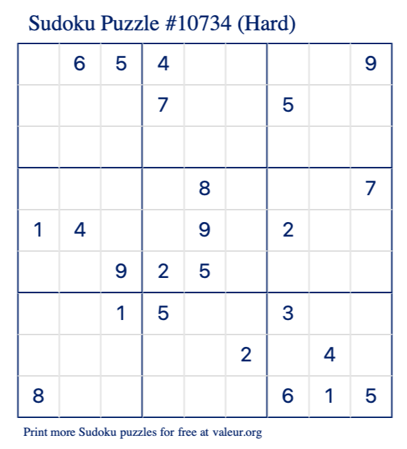 Free Printable Hard Sudoku Puzzle number 10734