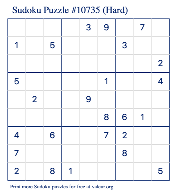Free Printable Hard Sudoku Puzzle number 10735
