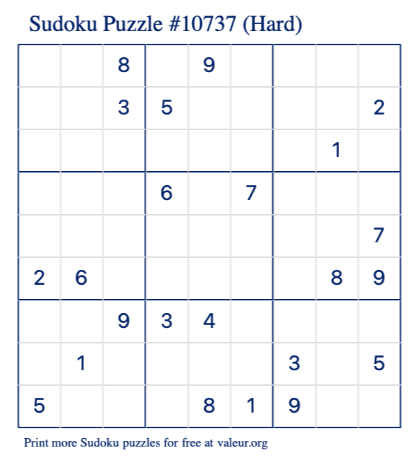 Free Printable Hard Sudoku Puzzle number 10737