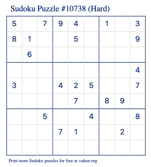 Free Printable Hard Sudoku Puzzle number 10738