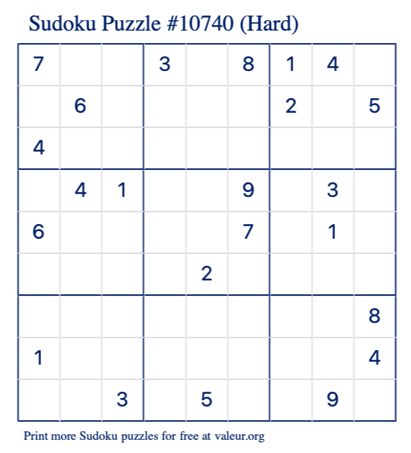 Free Printable Hard Sudoku Puzzle number 10740