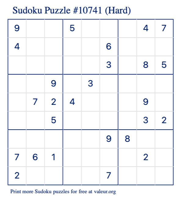 Free Printable Hard Sudoku Puzzle number 10741