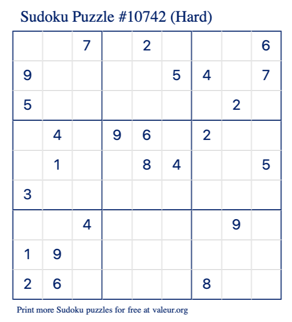 Free Printable Hard Sudoku Puzzle number 10742