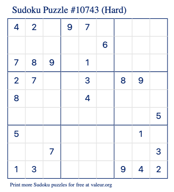 Free Printable Hard Sudoku Puzzle number 10743