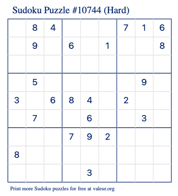 Free Printable Hard Sudoku Puzzle number 10744