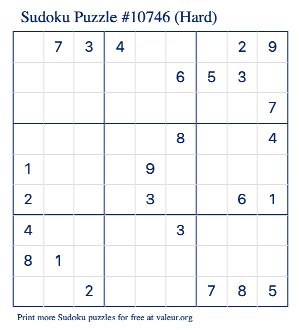 Free Printable Hard Sudoku Puzzle number 10746