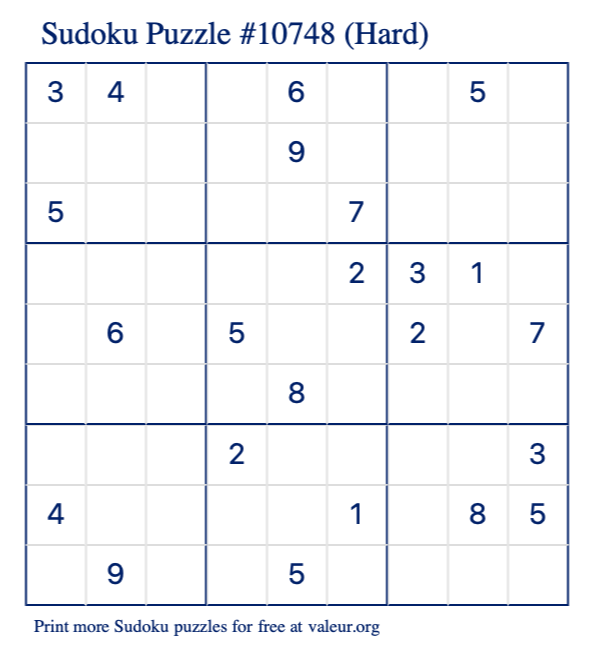 Free Printable Hard Sudoku Puzzle number 10748