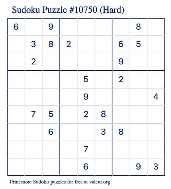 Free Printable Hard Sudoku Puzzle number 10750