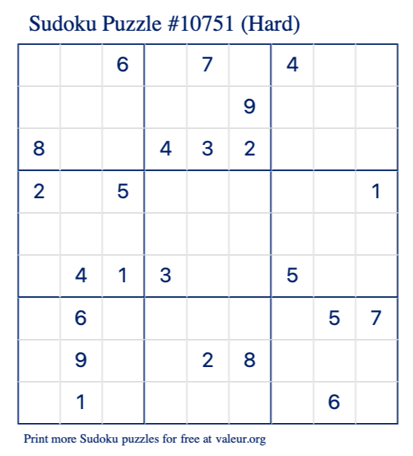 Free Printable Hard Sudoku Puzzle number 10751