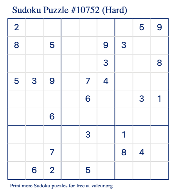 Free Printable Hard Sudoku Puzzle number 10752