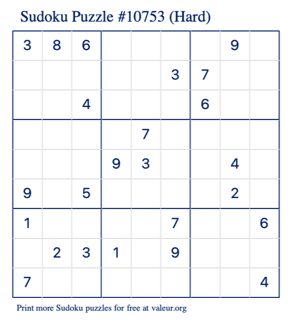 Free Printable Hard Sudoku Puzzle number 10753