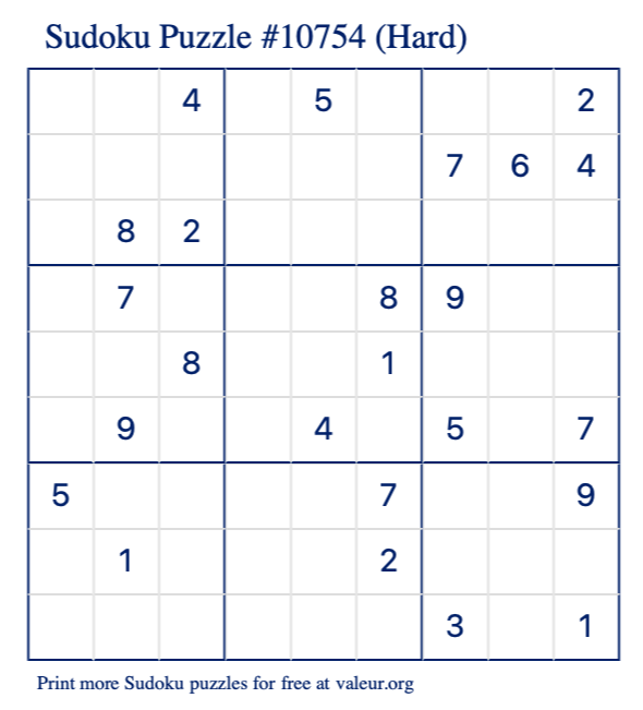 Free Printable Hard Sudoku Puzzle number 10754