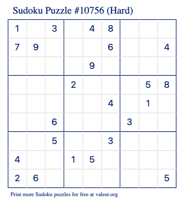 Free Printable Hard Sudoku Puzzle number 10756