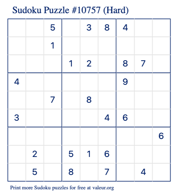 Free Printable Hard Sudoku Puzzle number 10757