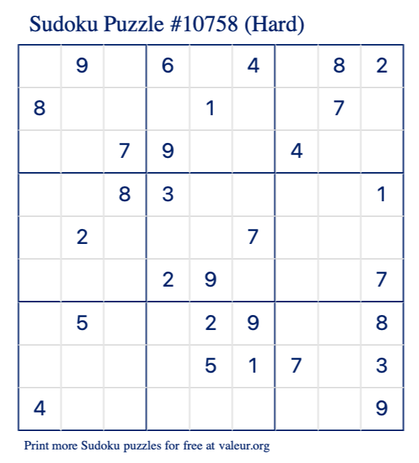 Free Printable Hard Sudoku Puzzle number 10758