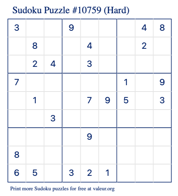 Free Printable Hard Sudoku Puzzle number 10759