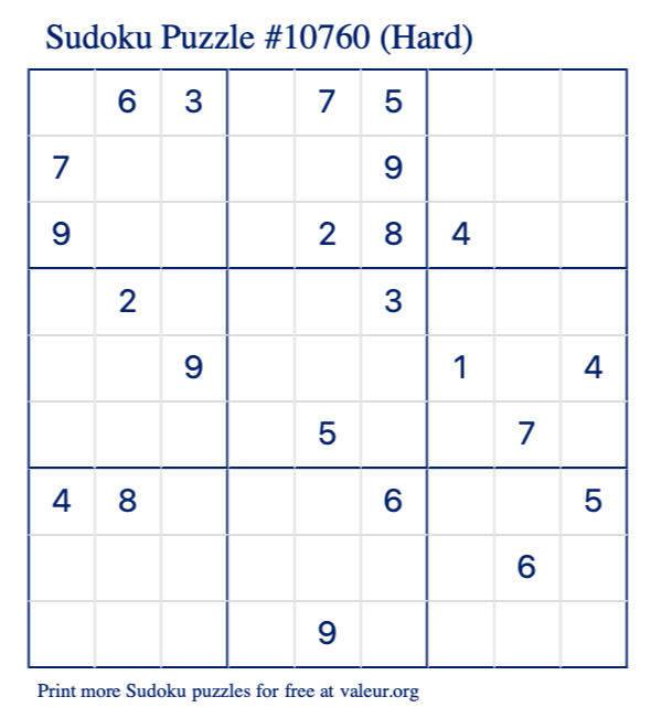 Free Printable Hard Sudoku Puzzle number 10760