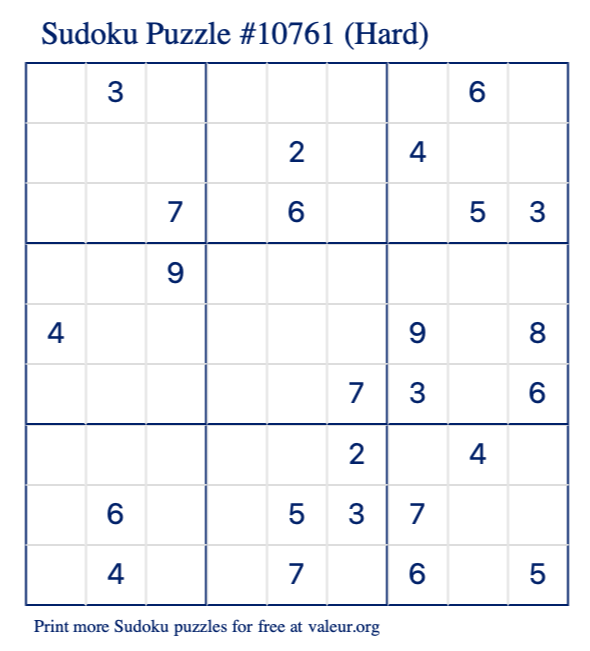 Free Printable Hard Sudoku Puzzle number 10761