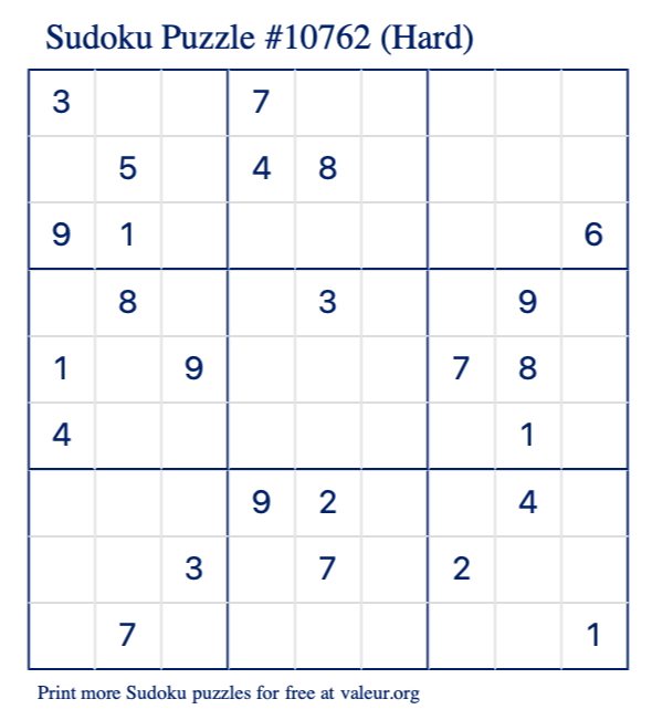 Free Printable Hard Sudoku Puzzle number 10762