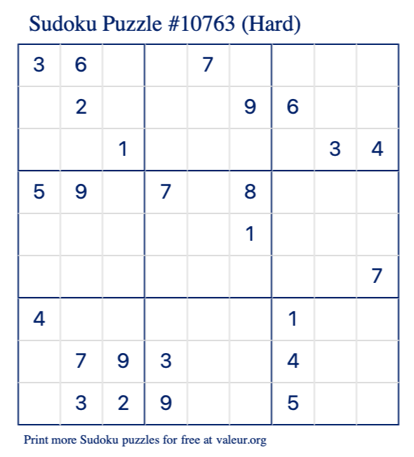 Free Printable Hard Sudoku Puzzle number 10763