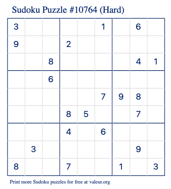 Free Printable Hard Sudoku Puzzle number 10764