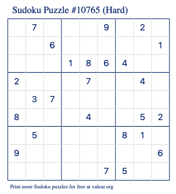 Free Printable Hard Sudoku Puzzle number 10765