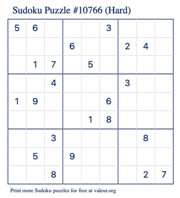 Free Printable Hard Sudoku Puzzle number 10766