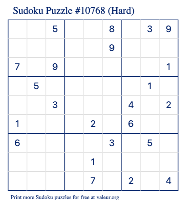 Free Printable Hard Sudoku Puzzle number 10768