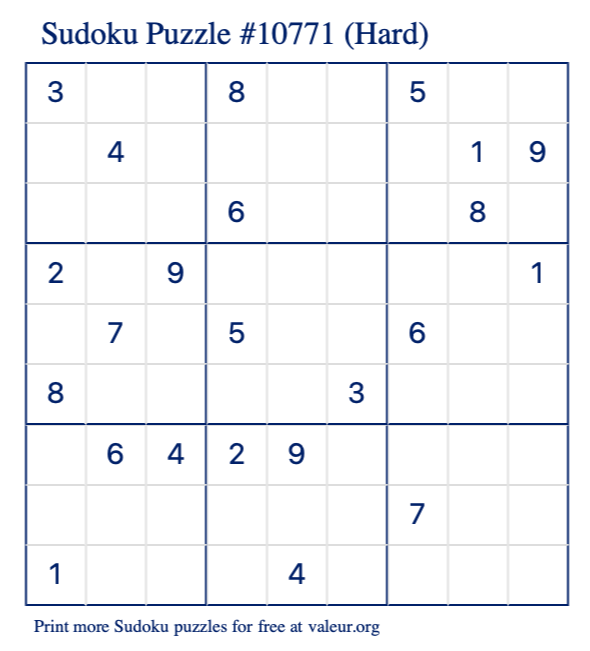 Free Printable Hard Sudoku Puzzle number 10771