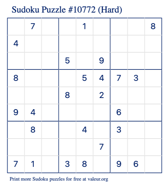 Free Printable Hard Sudoku Puzzle number 10772