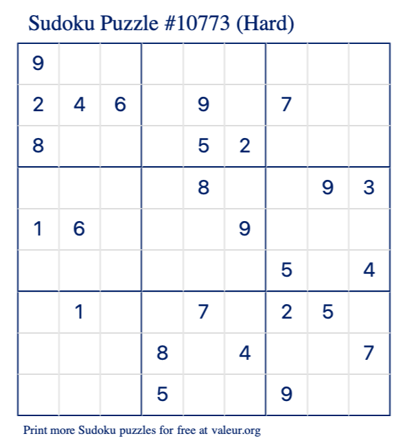 Free Printable Hard Sudoku Puzzle number 10773