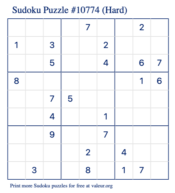 Free Printable Hard Sudoku Puzzle number 10774