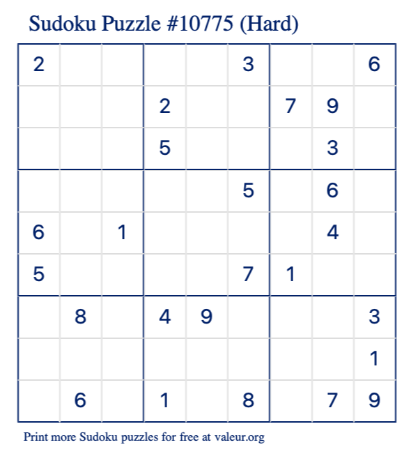 Free Printable Hard Sudoku Puzzle number 10775