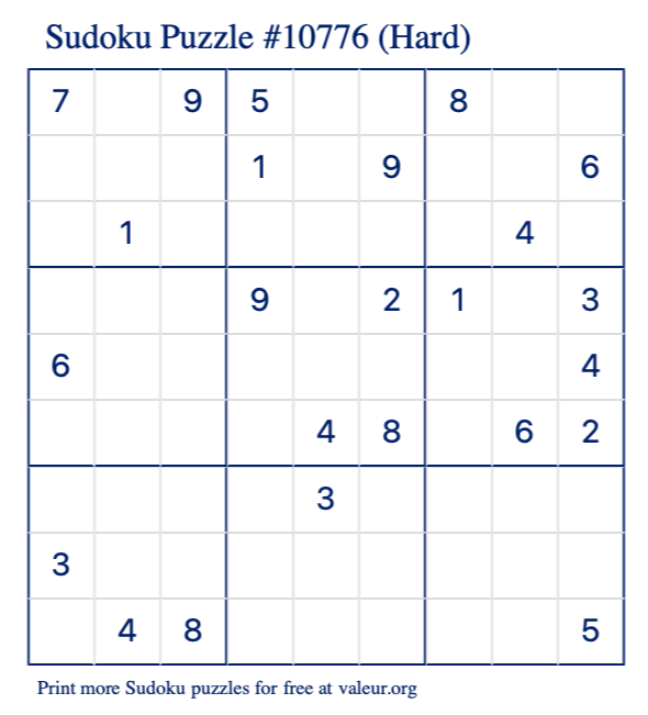 Free Printable Hard Sudoku Puzzle number 10776