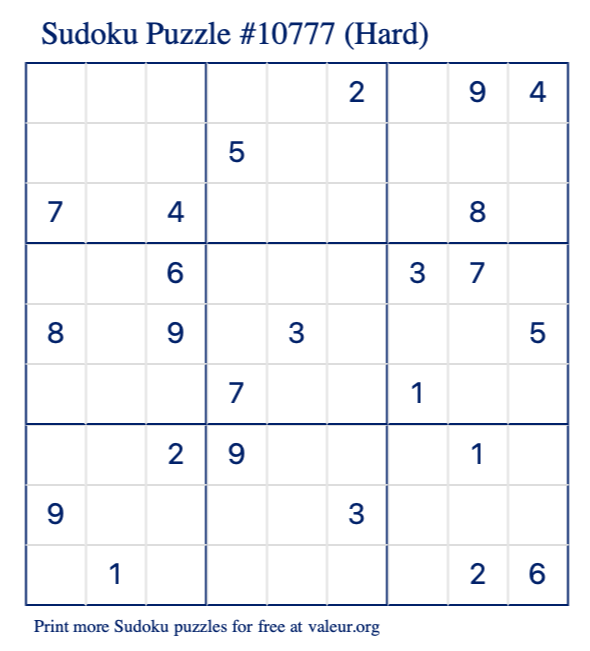 Free Printable Hard Sudoku Puzzle number 10777